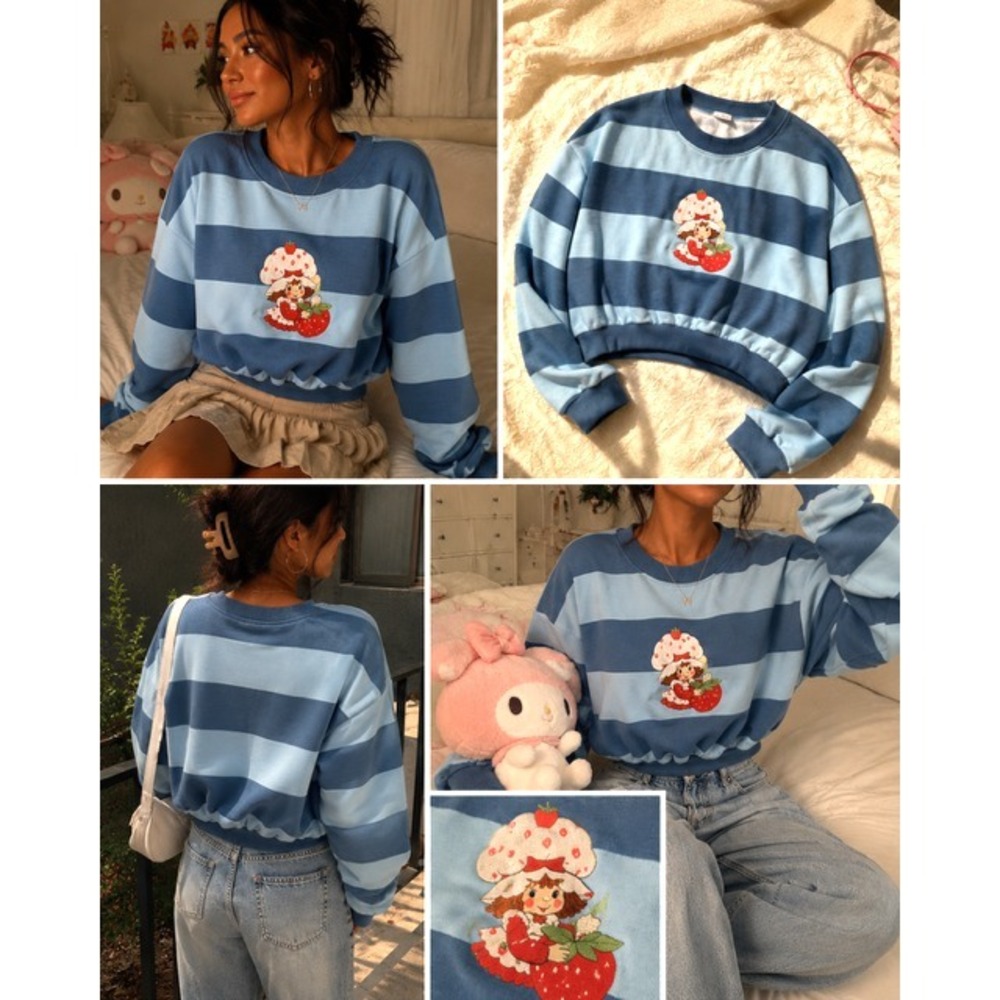 NWOT Strawberry Shortcake Blue Striped Cropped Graphic Artsy Sweatshirt Women M